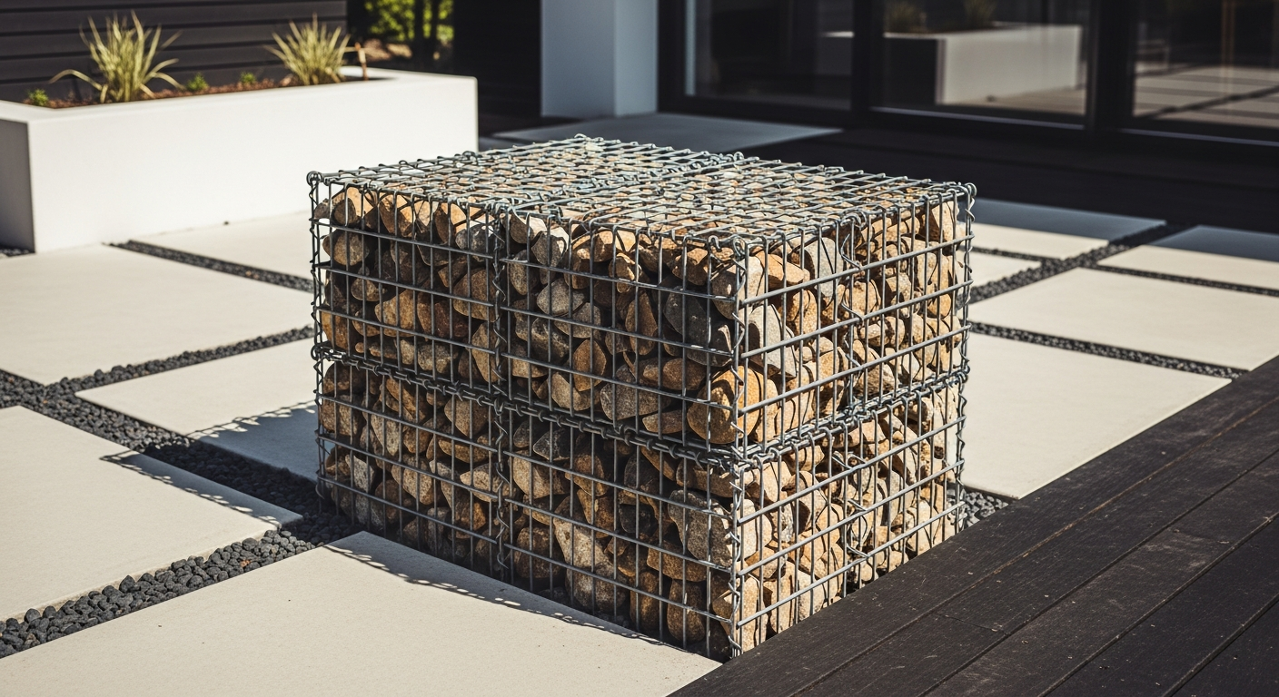 Custom galvanized steel gabion wire baskets filled with decorative stones in landscape setting