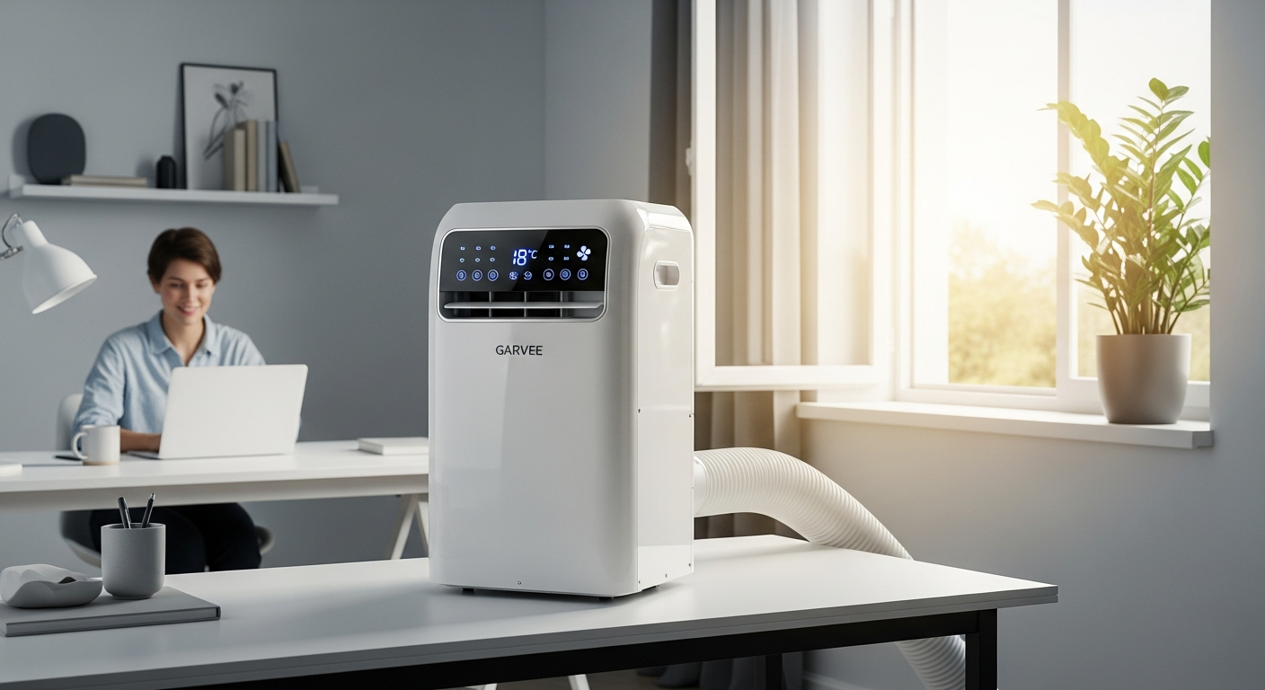 Garvee 14000 BTU portable air conditioner unit displayed in modern bedroom setting