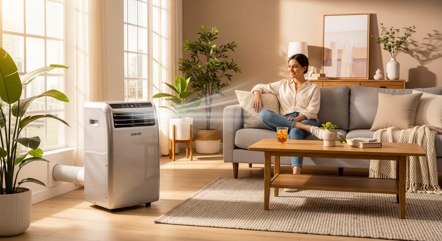 Garvee 14000 BTU portable air conditioner unit with dehumidifier and fan displayed in modern apartment living room