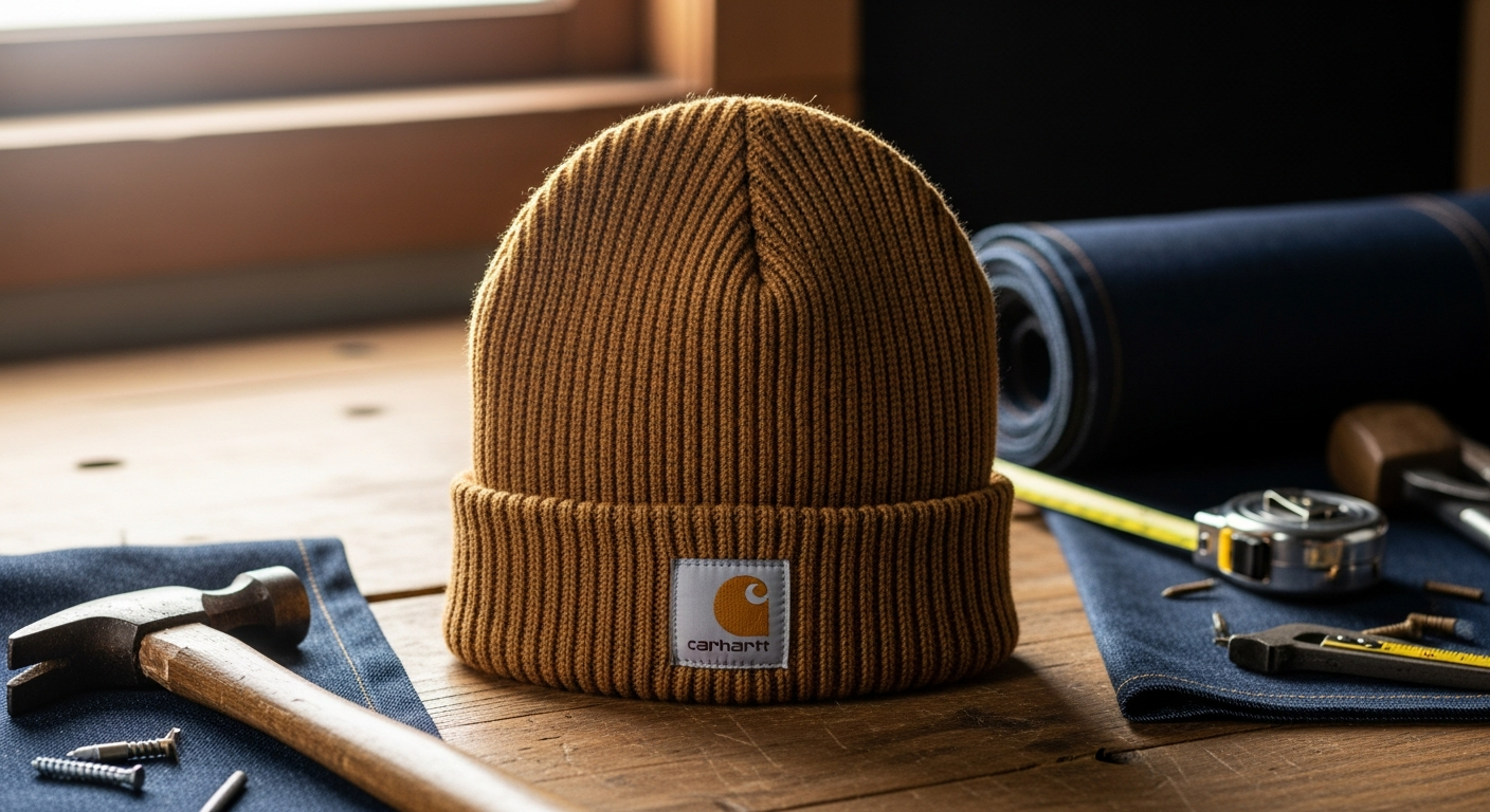 Carhartt A18 Knit Cuffed Beanie in neutral color displayed on white background