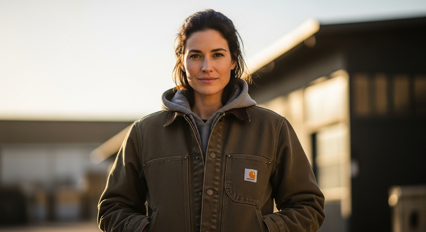 Carhartt Women's Iconic Crawford Detroit Jacket in classic tan canvas with corduroy collar