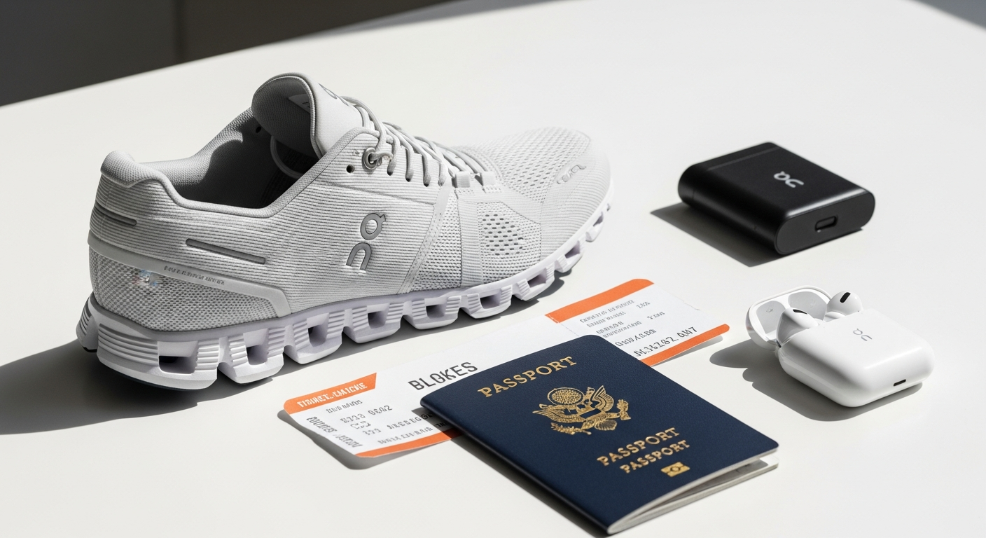 On Cloud 5 running shoe displayed on travel luggage with passport