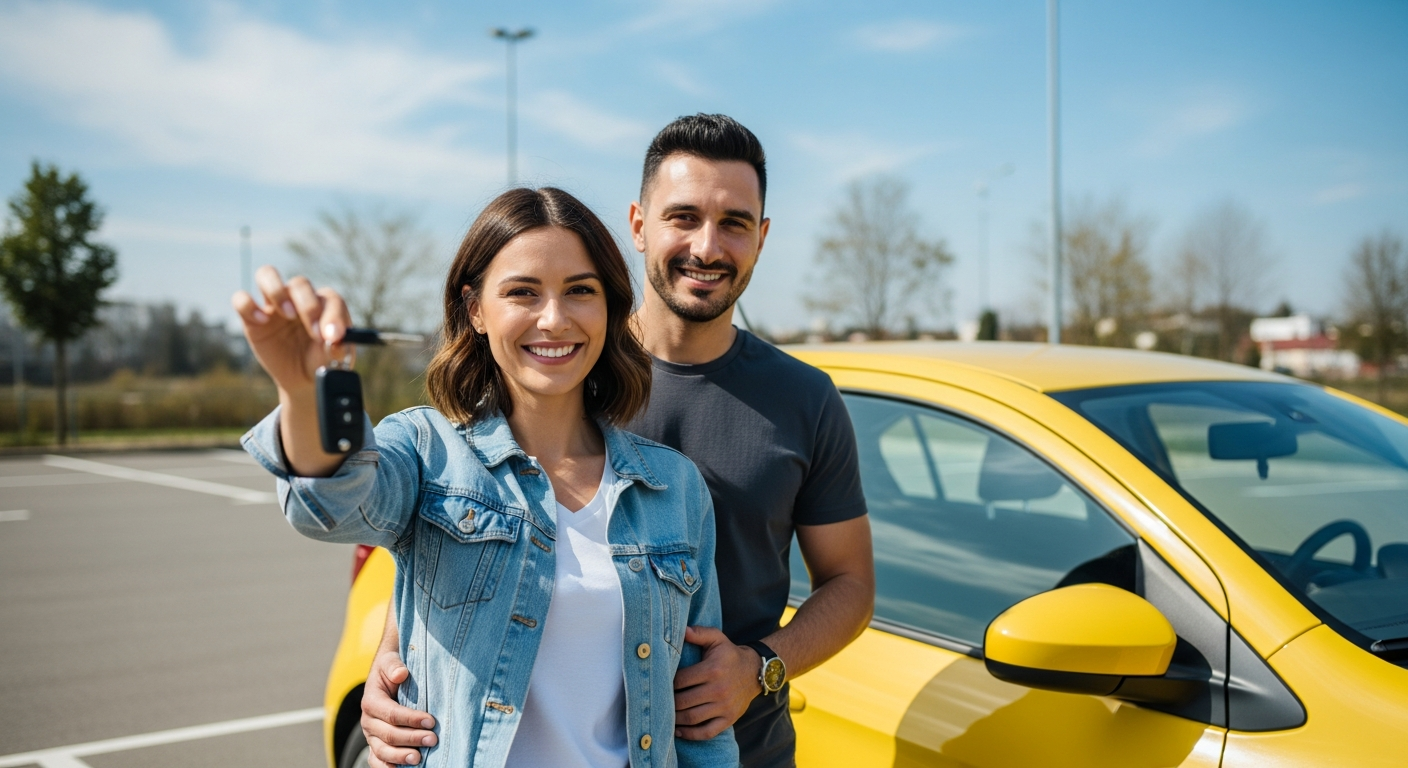 Goldcar economy car rental Key'n Go express kiosk pickup at European airport terminal