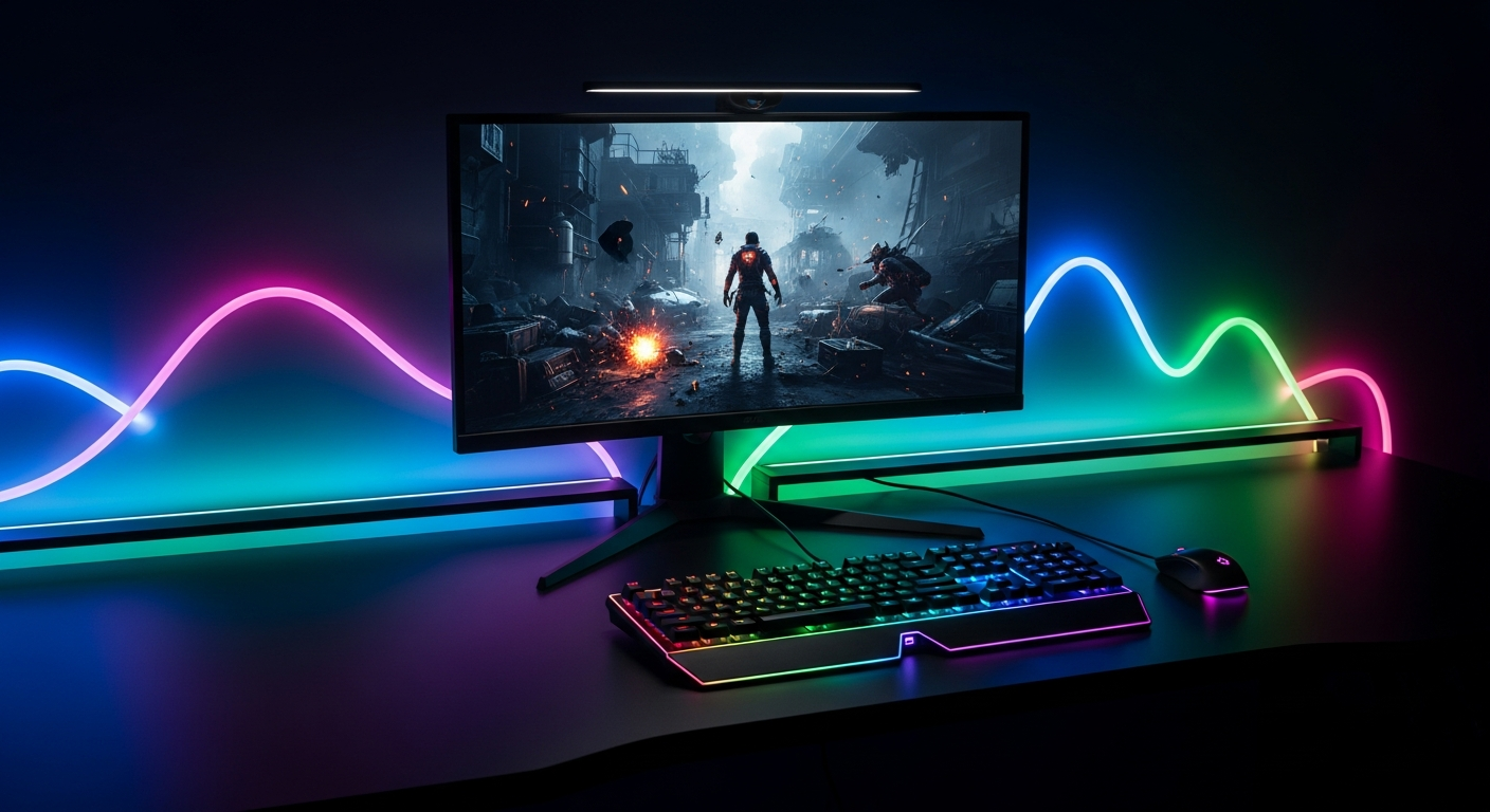 Govee RGBIC LED Strip Lights H619A mounted behind gaming monitor setup