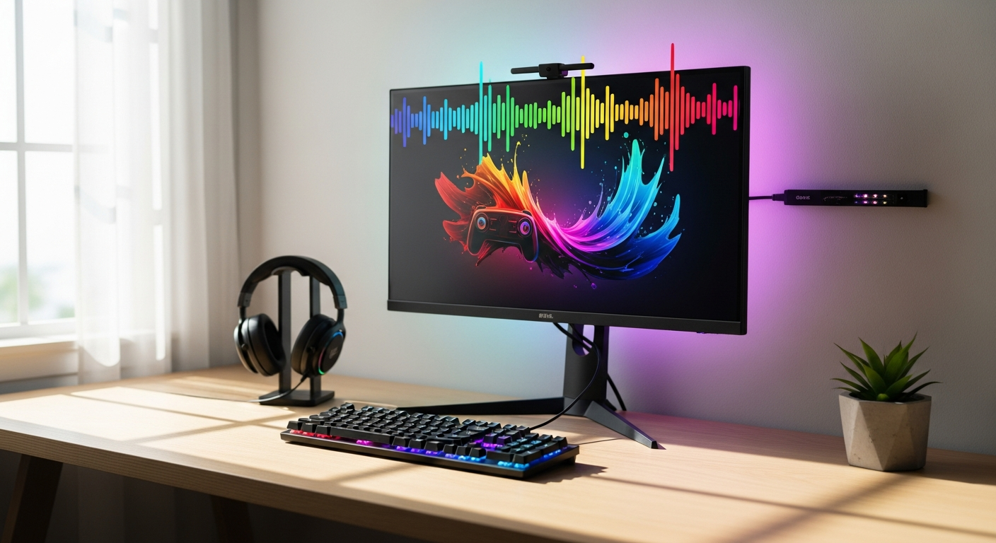 Govee RGBIC Smart LED Strip Lights displaying multiple colors with music sync technology in gaming setup