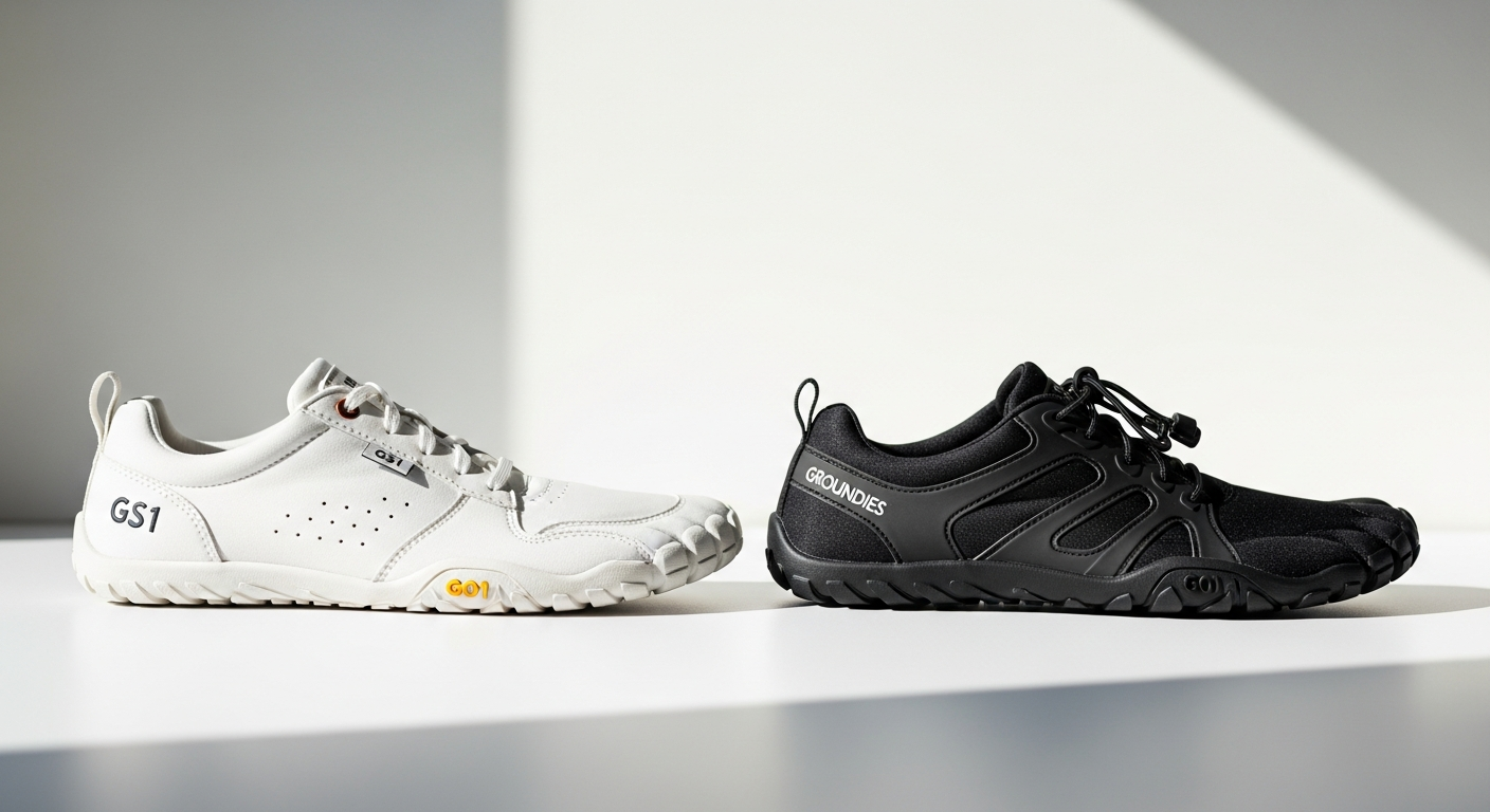 Groundies Nova barefoot sneaker in retro design showing GS1 and GO1 sole options