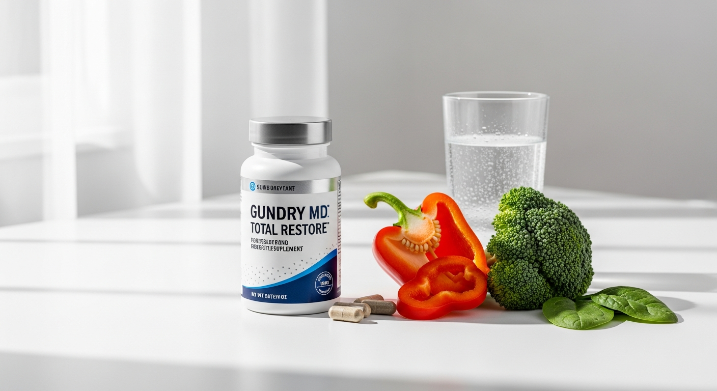 Gundry MD Total Restore gut health supplement bottle with digestive wellness ingredients displayed