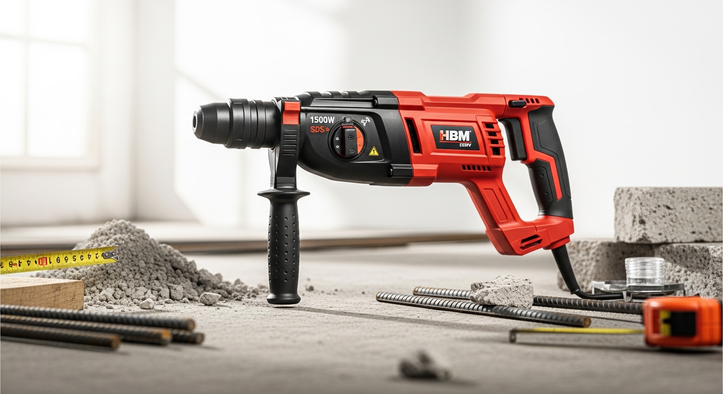 HBM 1500W SDS+ Rotary Hammer Drill drilling through concrete on renovation job site