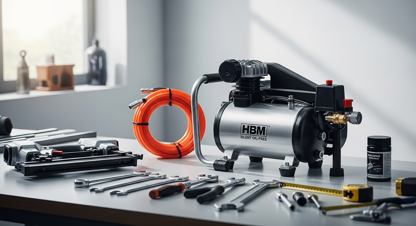 HBM 24-liter oil-free silent air compressor in compact workshop setting