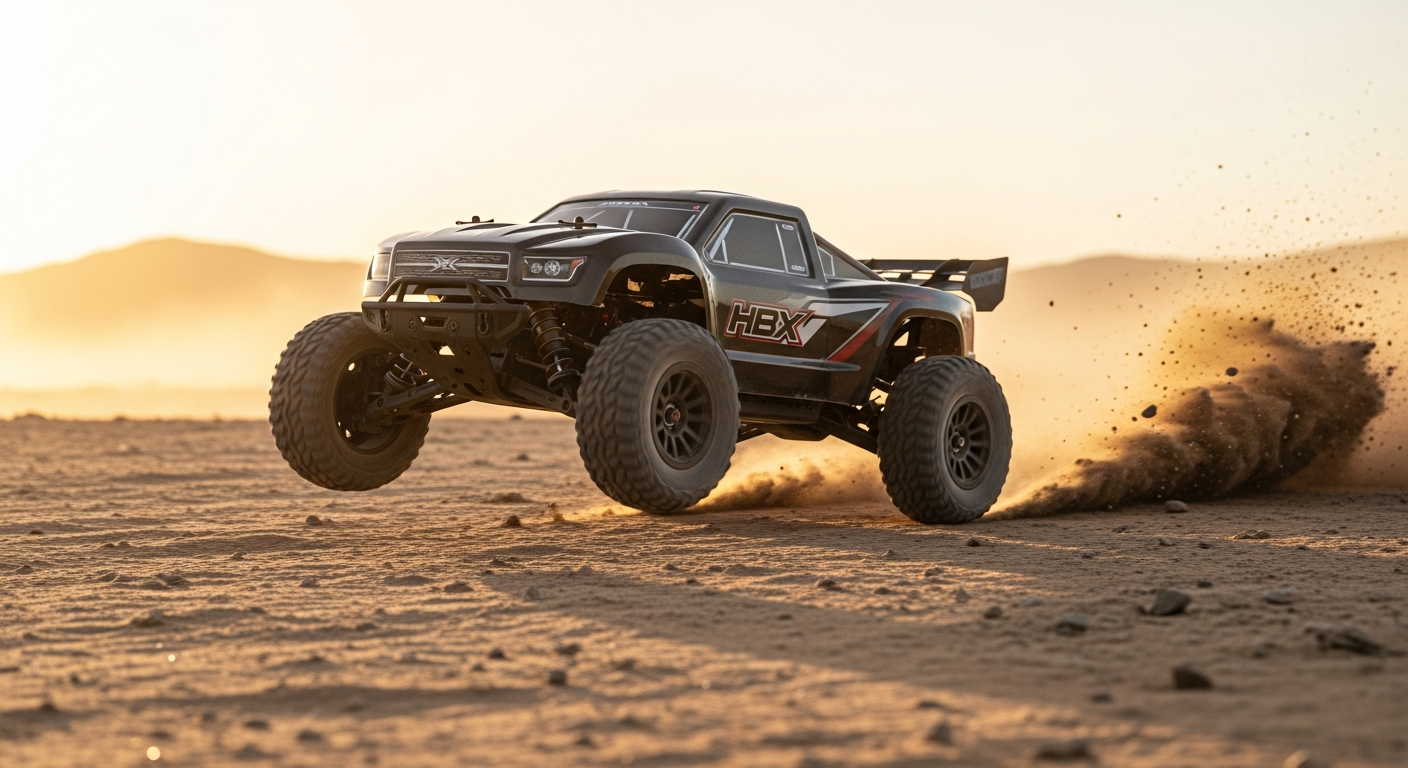 HBX 2997A brushless RC truck racing at high speed on dirt terrain