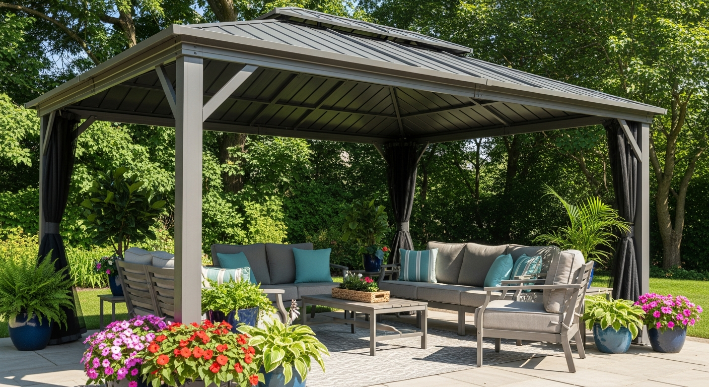 YODOLLA 20x10 hardtop gazebo pergola in backyard with dining furniture