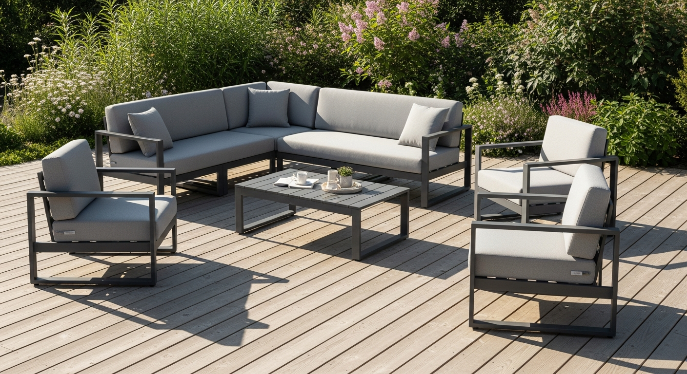 YODOLLA 7-piece modular outdoor patio furniture set with blue cushions and rattan frame