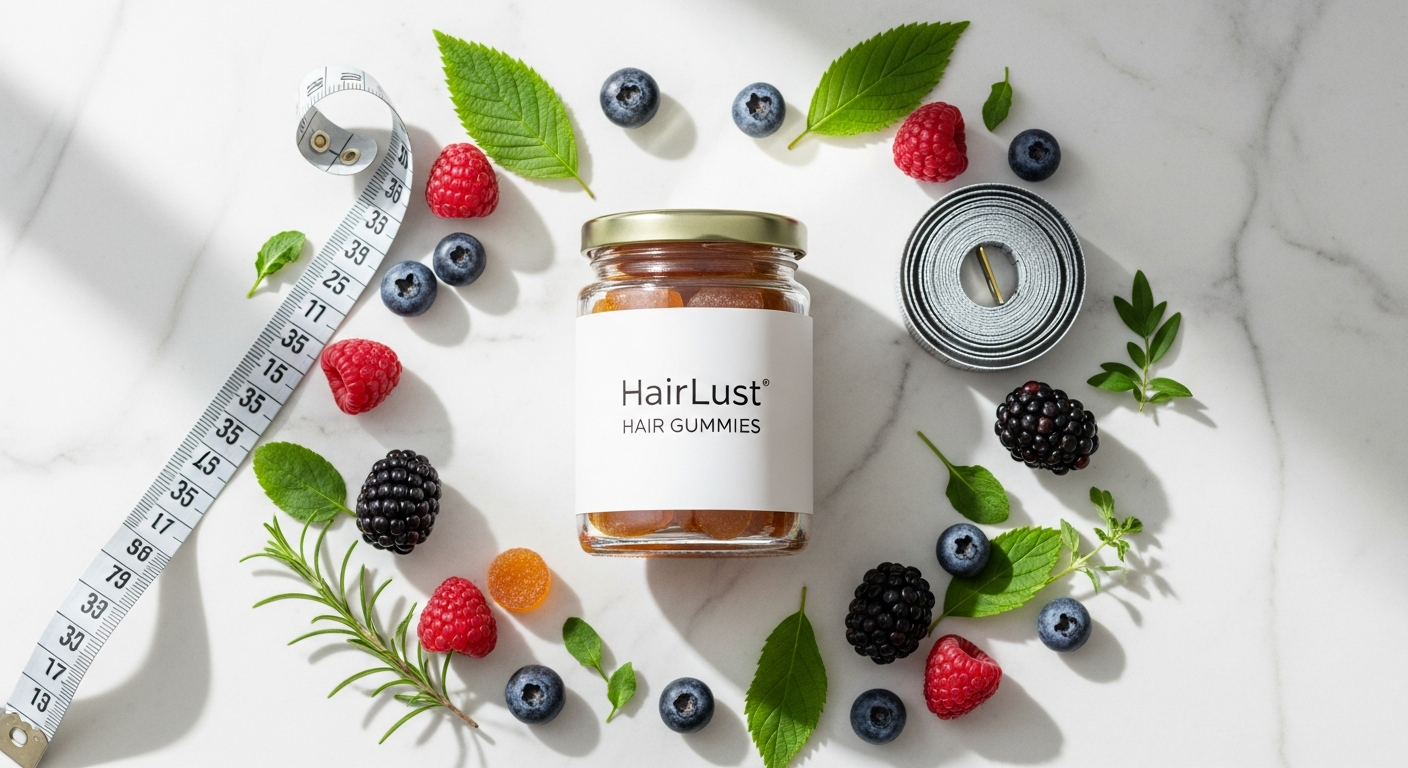 HairLust Hair Formula Gummies for Women bottle with mixed berries and supplement capsules