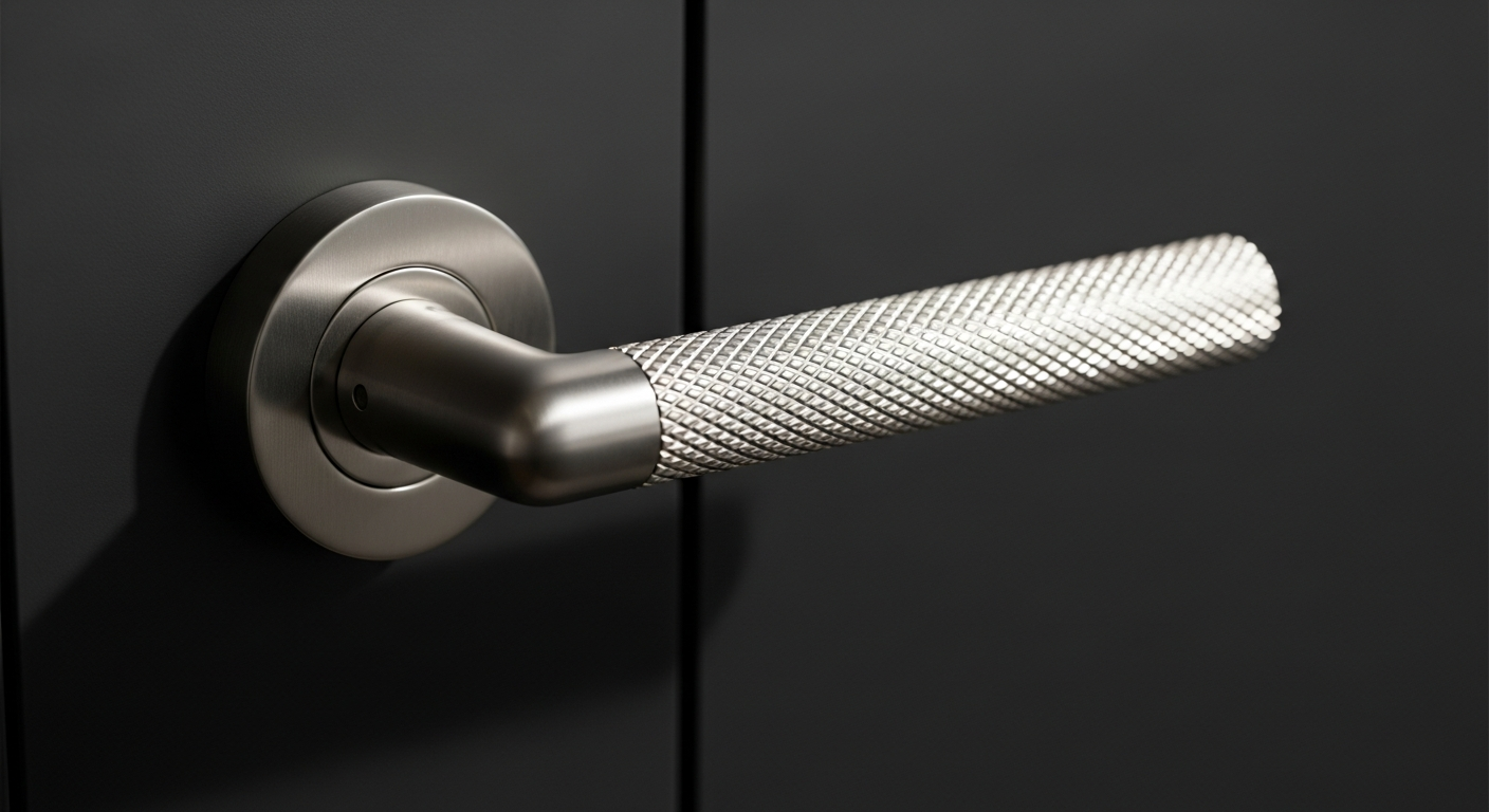 Z720 Knurled Lever Rose Door Handle in multiple finishes displayed on modern interior door
