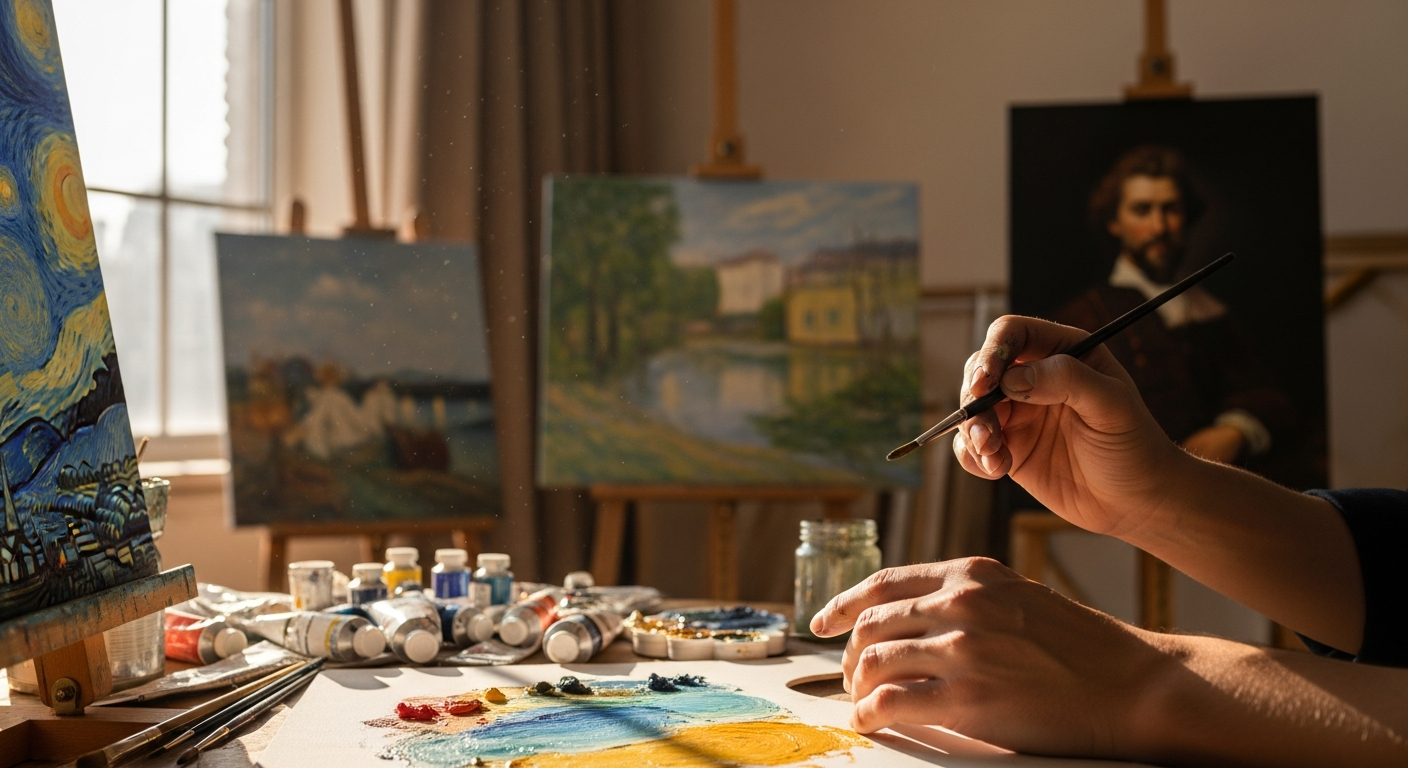 Custom handmade oil painting reproductions displayed on gallery wall