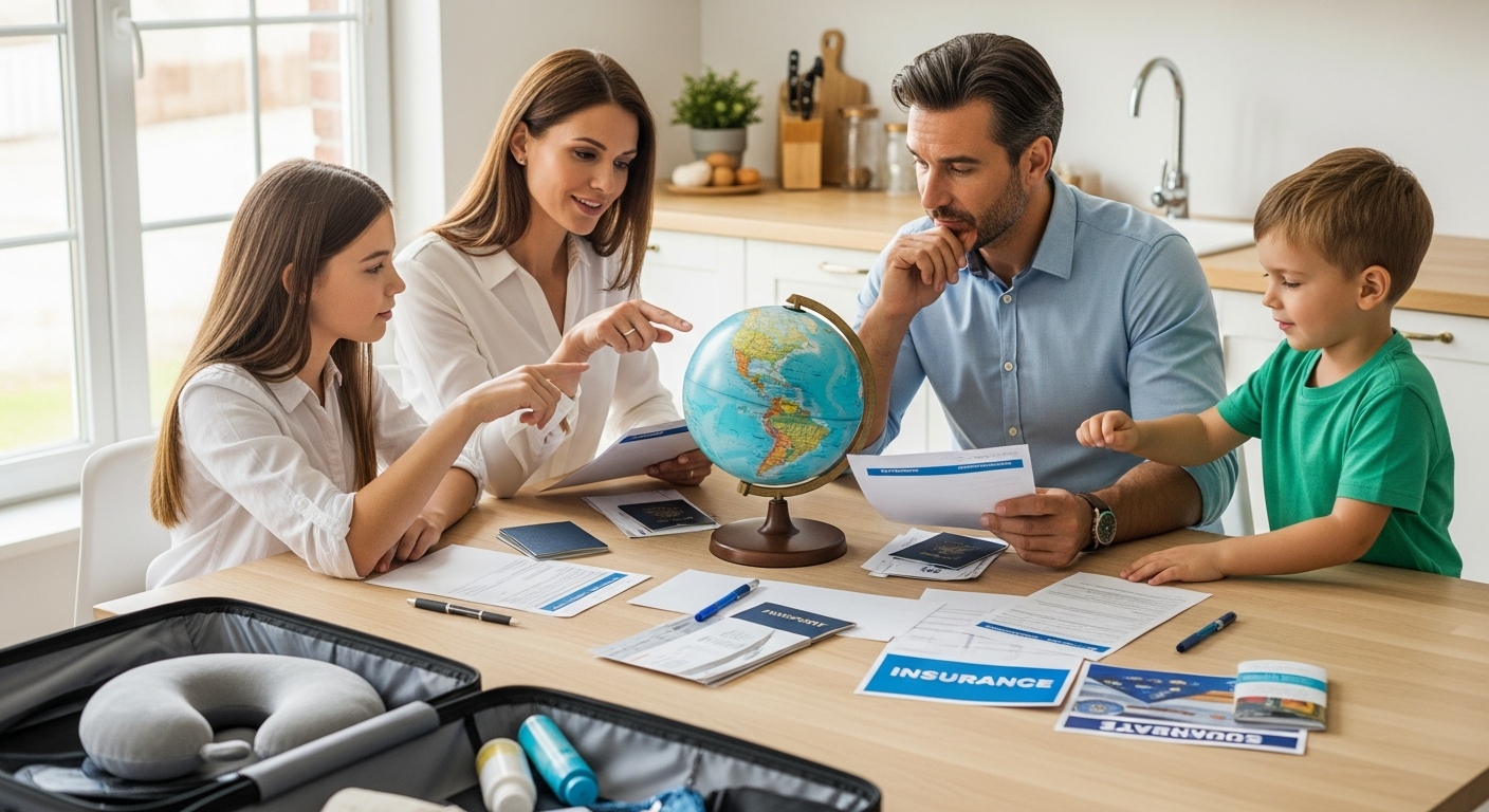 Family of six packing luggage for vacation trip planning