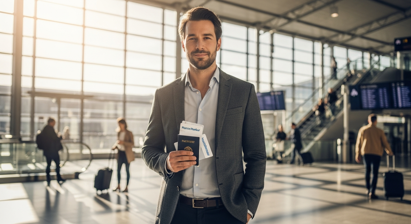 Frequent traveler reviewing annual travel health insurance policy documents abroad