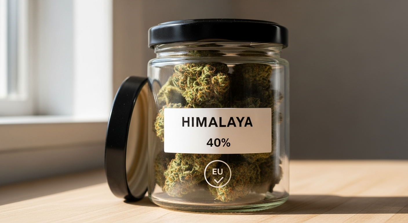 Himalaya 40% Superior CBD Flower premium hemp strain in glass jar with EU certification badge