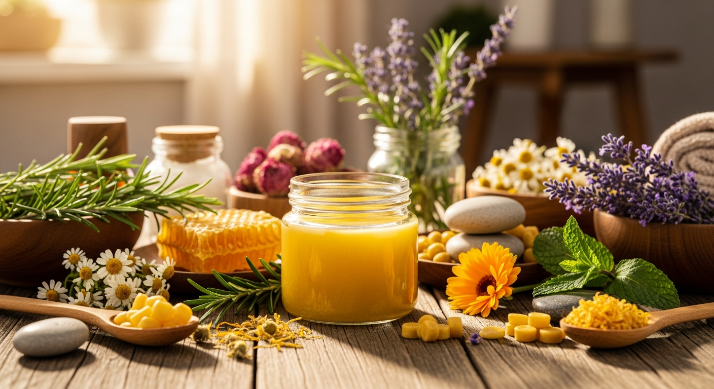 Natural healing balm jar displayed with fresh botanical ingredients and herbs