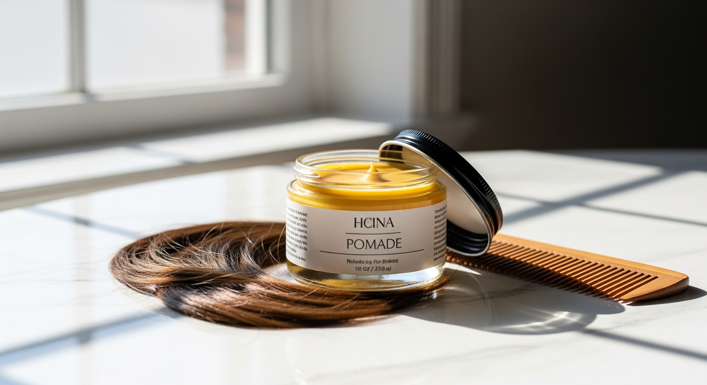 Heal's Hair Smooth Pomade Medium Hold jar with styling demonstration on male model