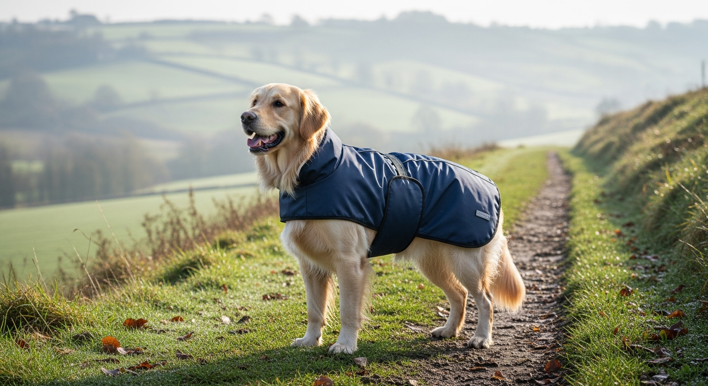 Waterproof fleece-lined dog walking coat in vibrant colors displayed outdoors