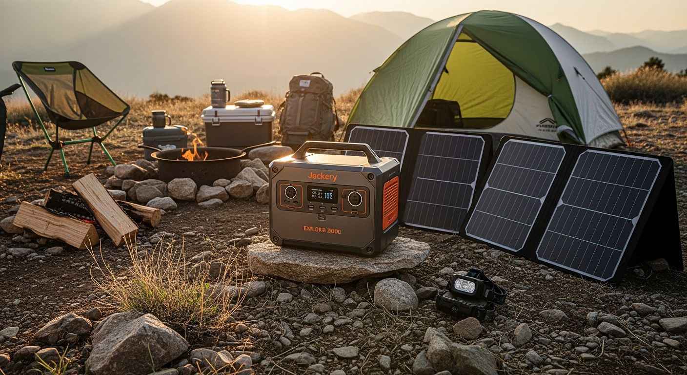 Jackery Explorer 2000 Plus power station with solar panels in remote off-grid setting