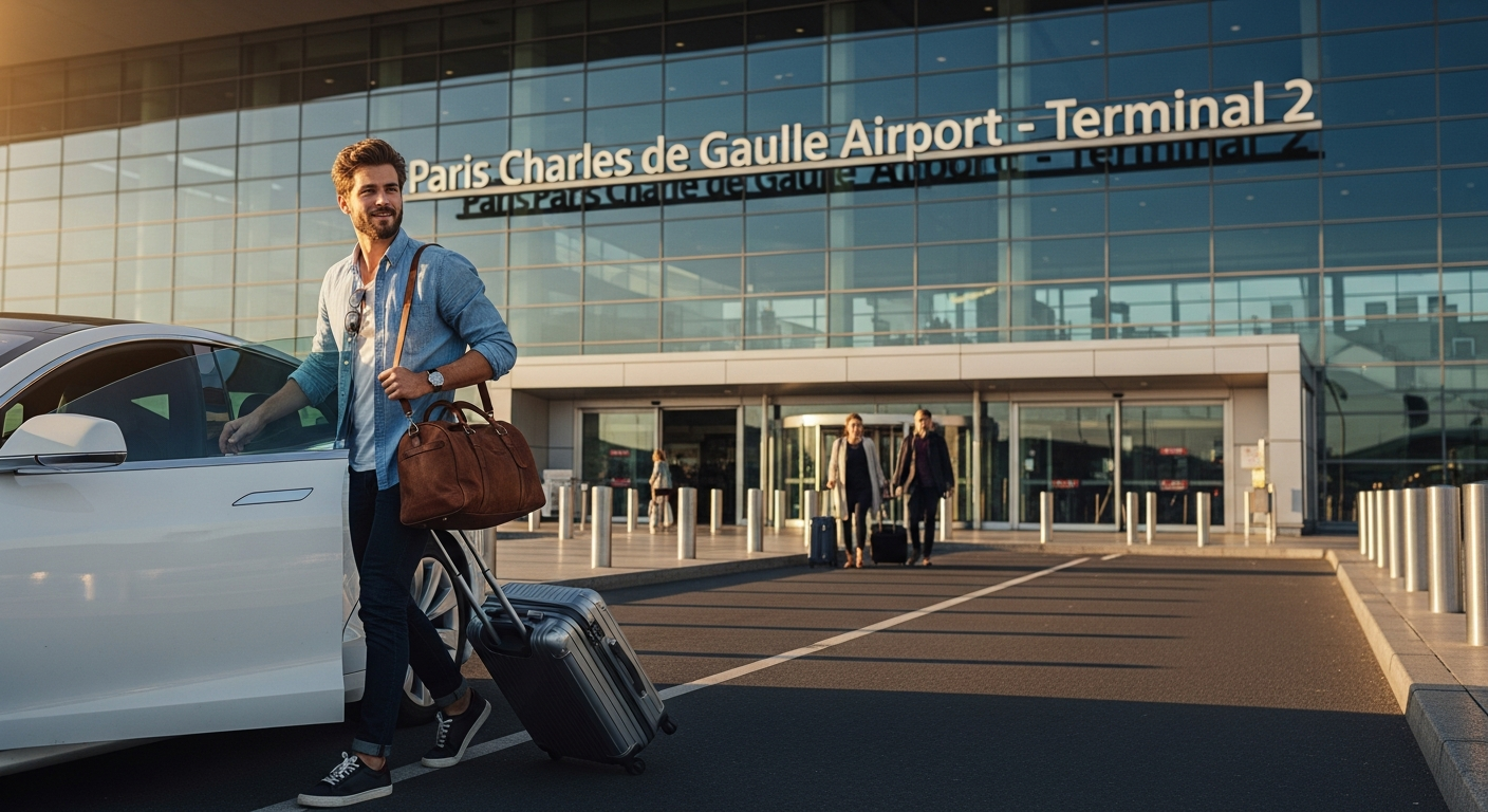 Busy airport terminal with travelers and luggage near departure boards