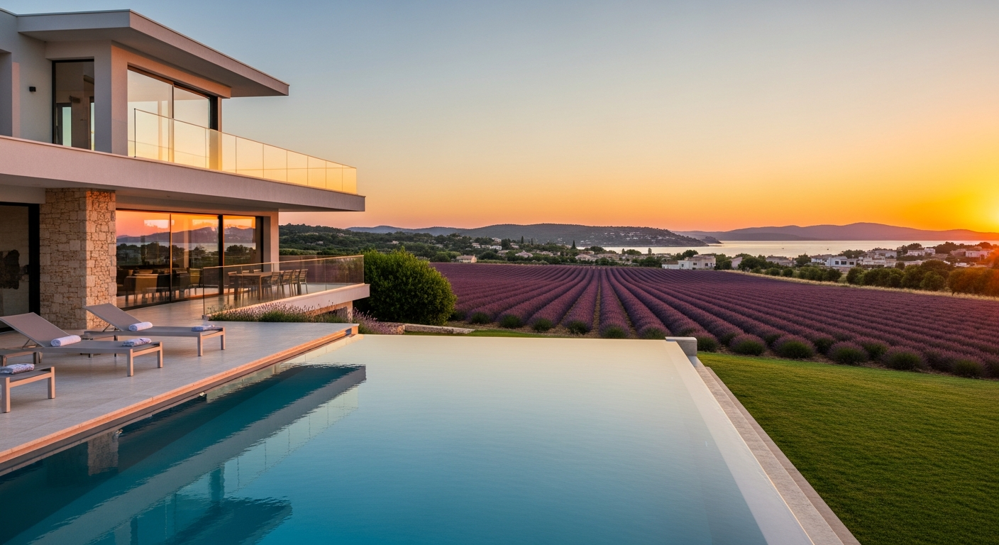 Luxury private pool villa terrace overlooking Mediterranean Sea in South France