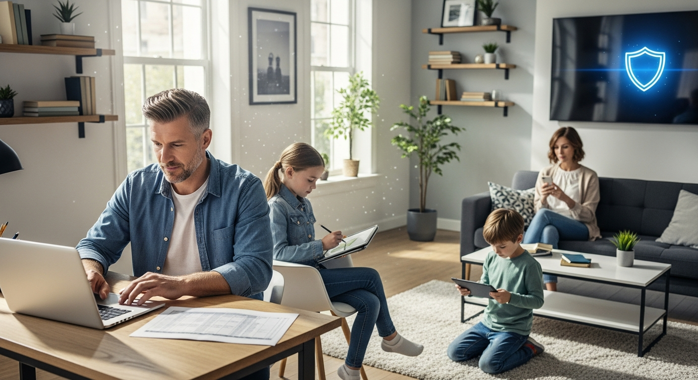 Bitdefender Total Security protecting multiple family devices on Windows, macOS, Android, and iOS platforms