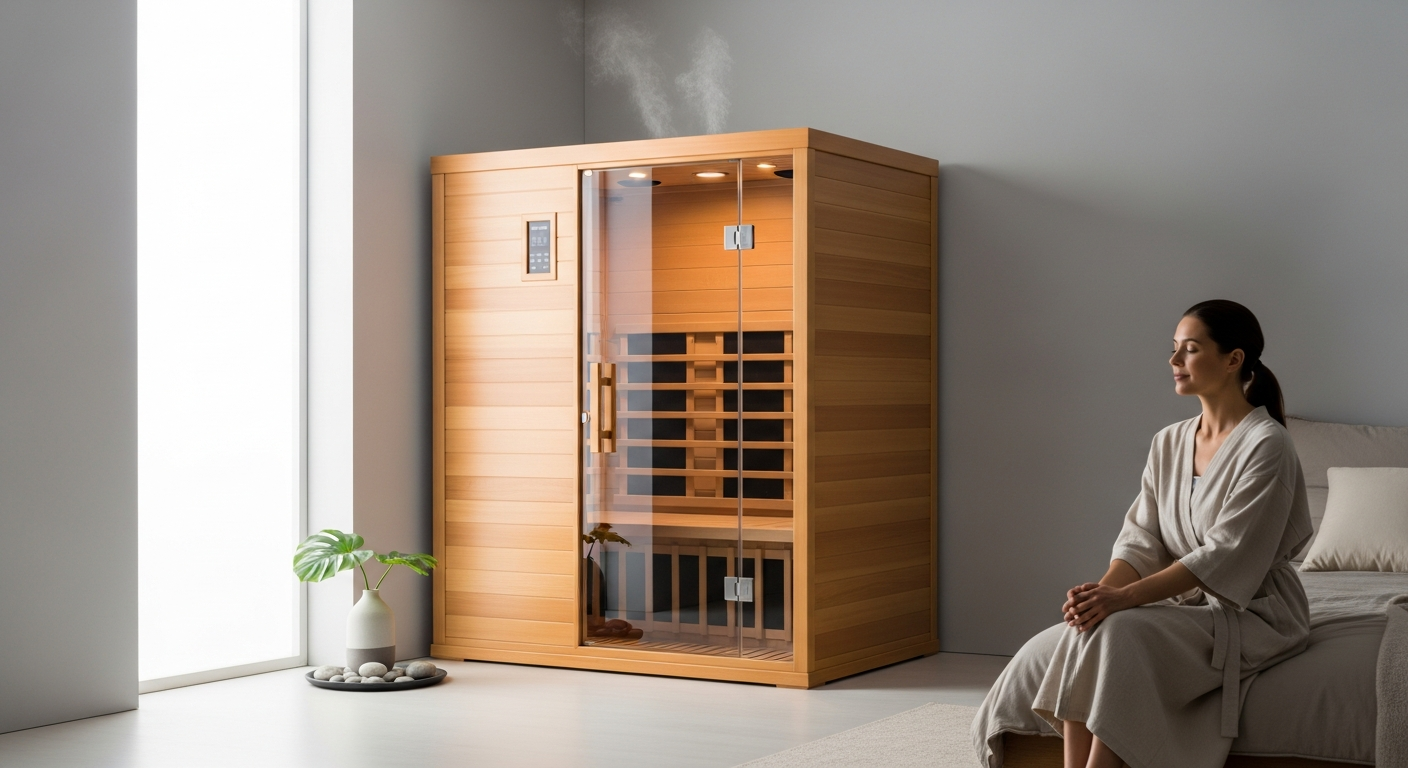 Home Deluxe REDSUN M infrared cabin in modern apartment bedroom setting