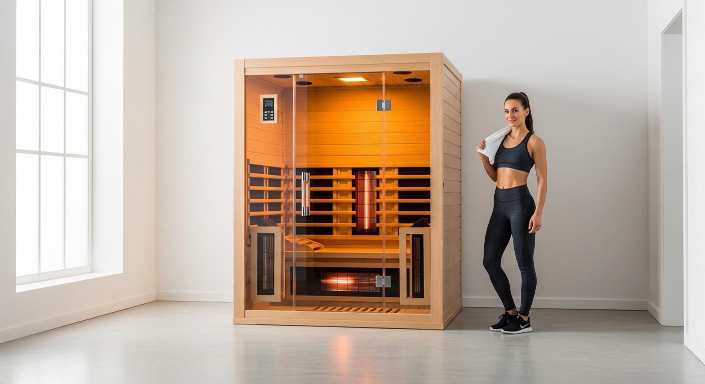 Home Deluxe REDSUN M infrared cabin in modern home gym setting