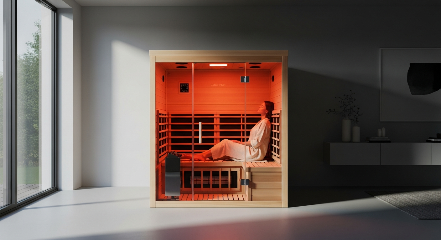 Home Deluxe REDSUN L infrared cabin sauna with hemlock wood construction and glass door