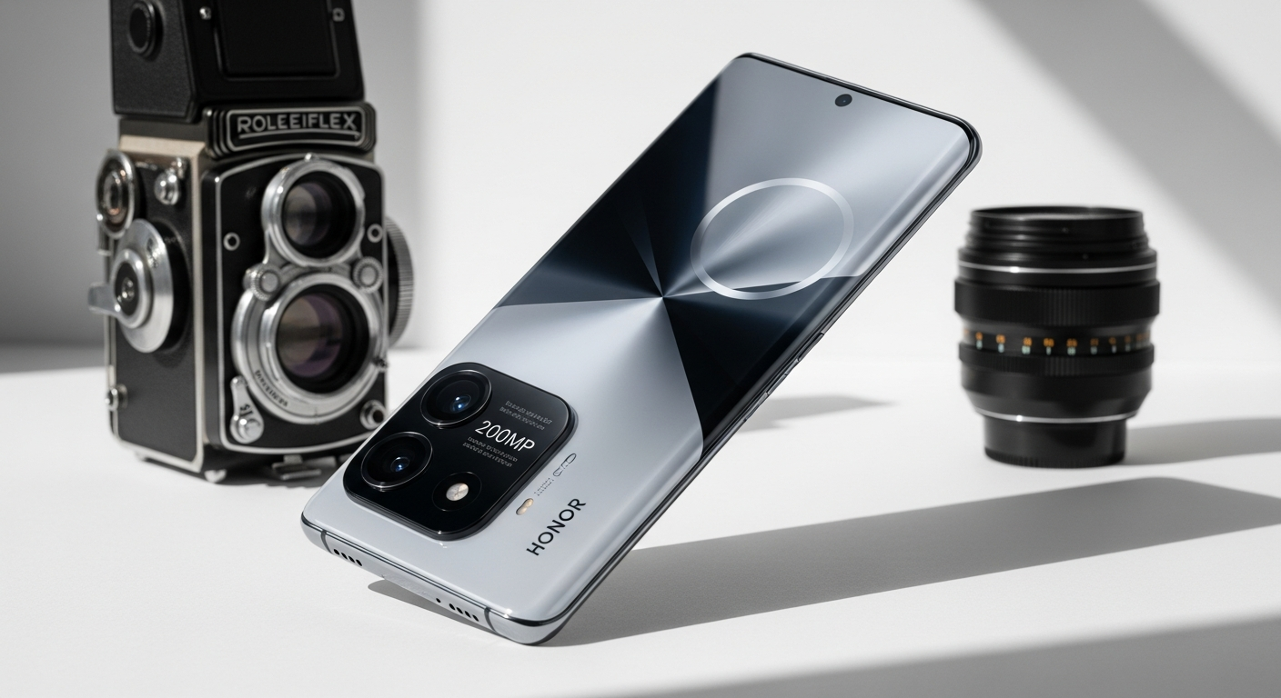 Honor Magic 8 Pro smartphone displaying 200MP telephoto camera lens and AMOLED screen