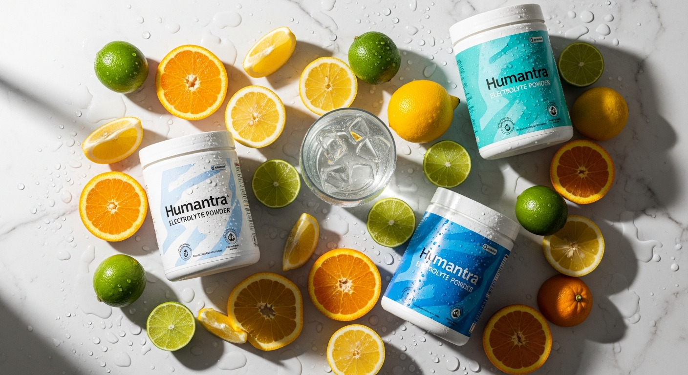 Humantra Electrolyte Powder stick pack and mixed drink in glass with natural ingredients