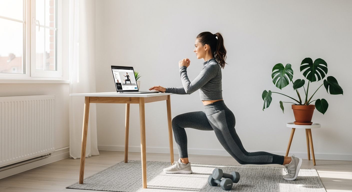 Busy professional exercising at home using Ictiva online gym platform on tablet