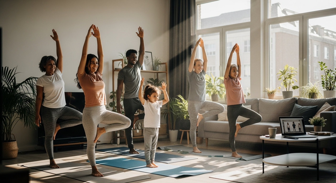 Woman performing yoga pose in bright home living room during online fitness class