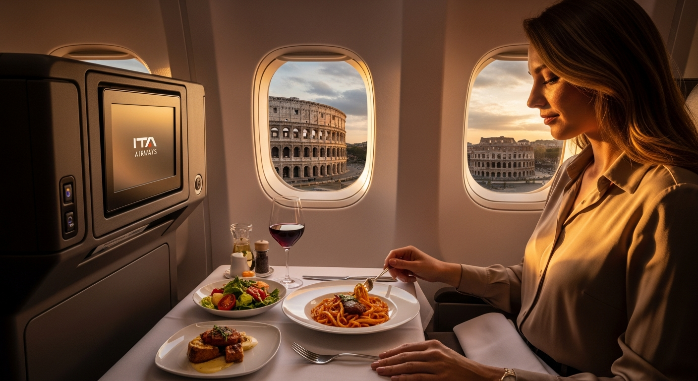 ITA Airways Business Class cabin interior with lie-flat seats and Italian design