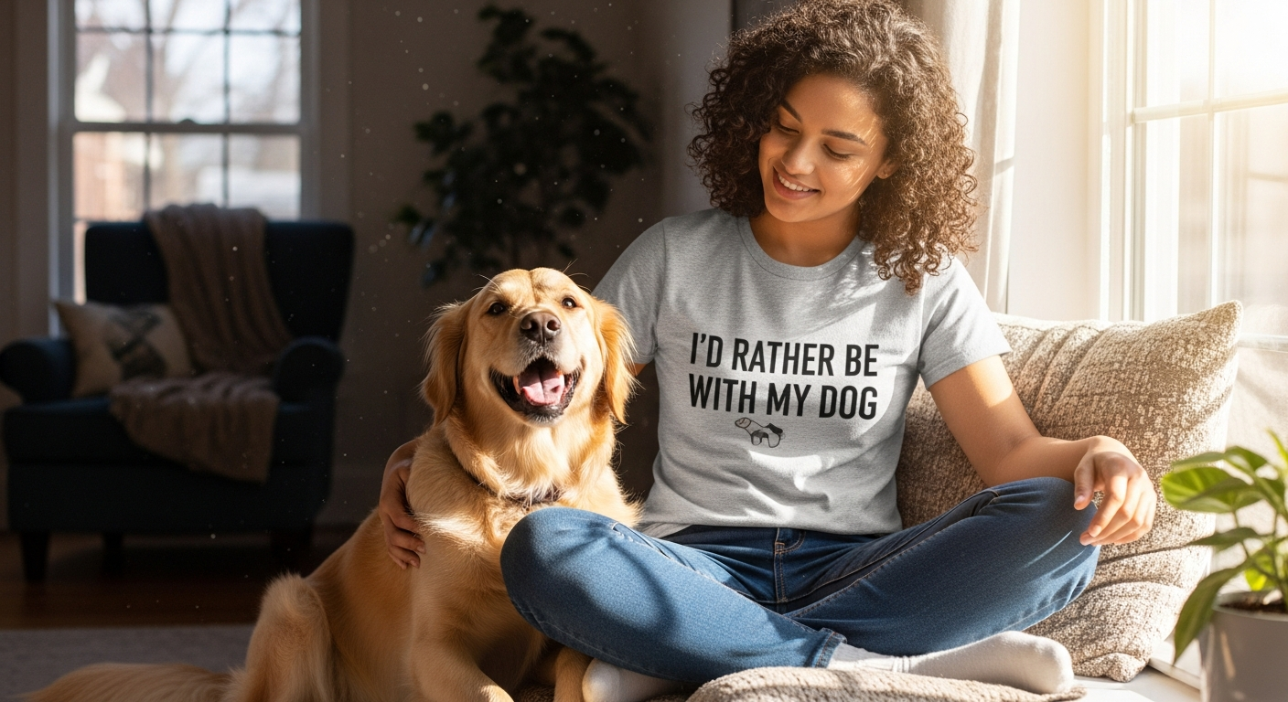 Dog lover wearing I'd Rather Be With My Dog t-shirt in casual setting