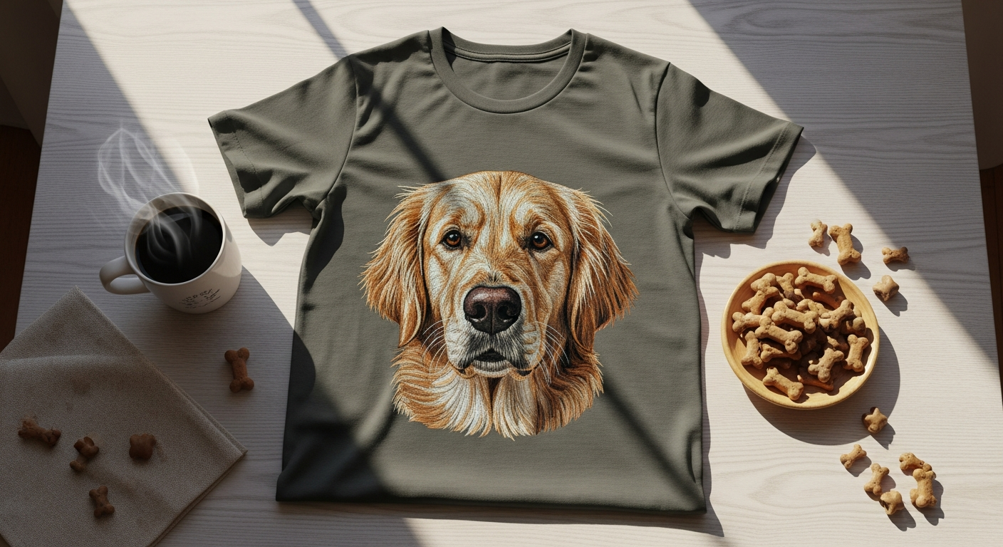 Hand-drawn custom dog portrait on premium heavyweight t-shirt fabric