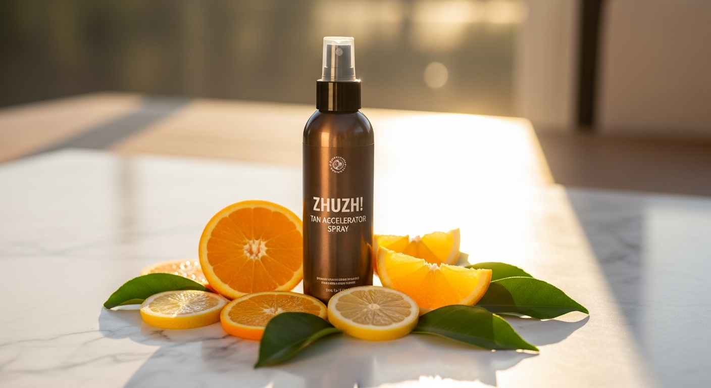 Zhuzh! Tan Accelerator Spray bottle with golden liquid and nourishing ingredients displayed