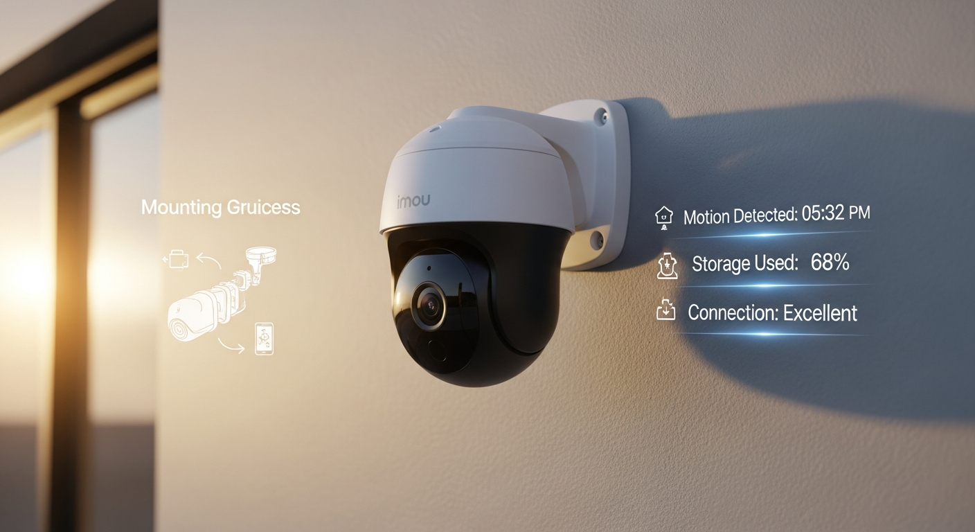 Imou Ranger 2C indoor security camera mounted on white wall with 360-degree pan-tilt mechanism visible
