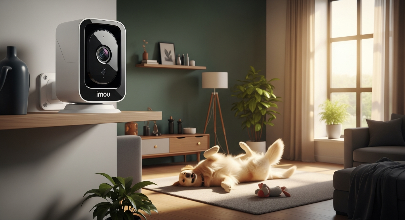 Imou Ranger 2C indoor PTZ security camera mounted on white wall with 360-degree pan-tilt capability