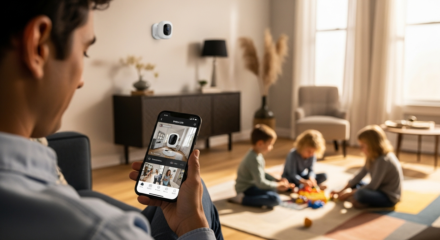 Imou Ranger 2 smart home security camera mounted on white wall with 360-degree pan-tilt capability