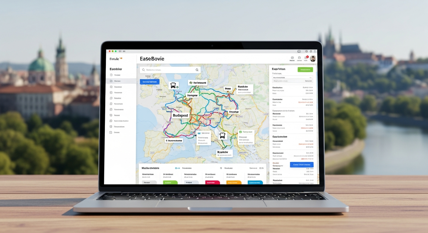 Infobus online travel booking platform interface showing bus routes across Eastern Europe and CIS countries