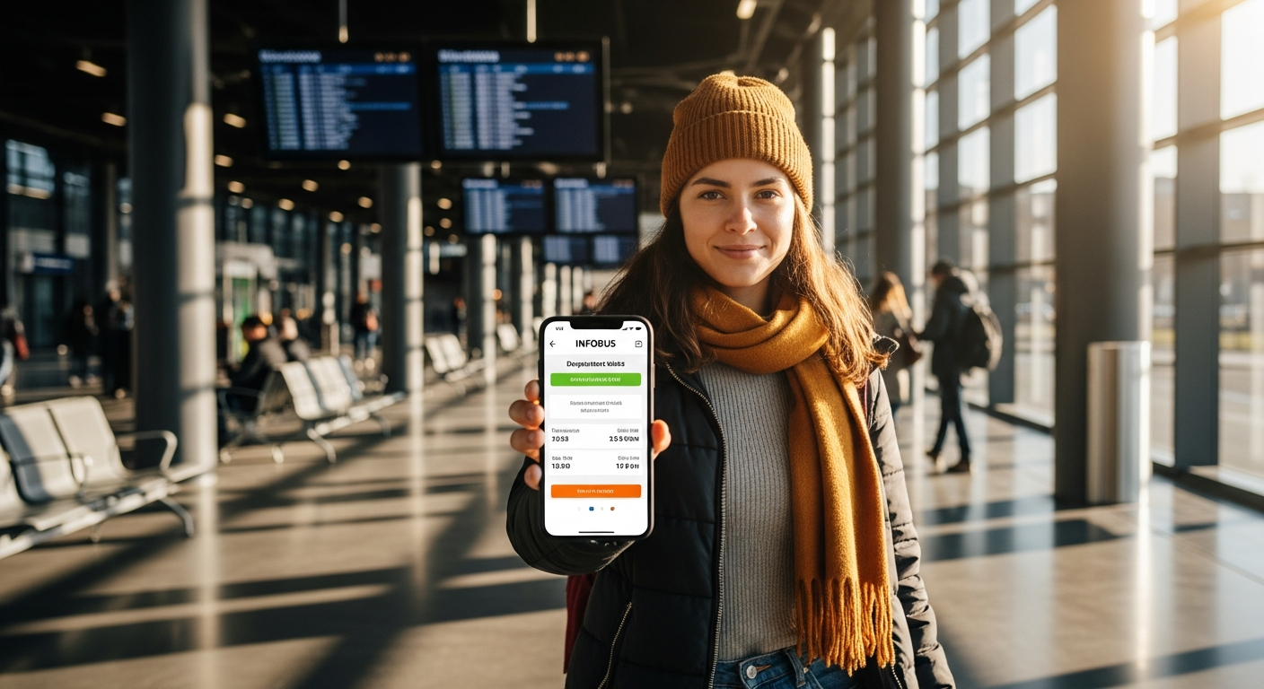 Person booking bus tickets online on laptop with INFOBUS platform displayed