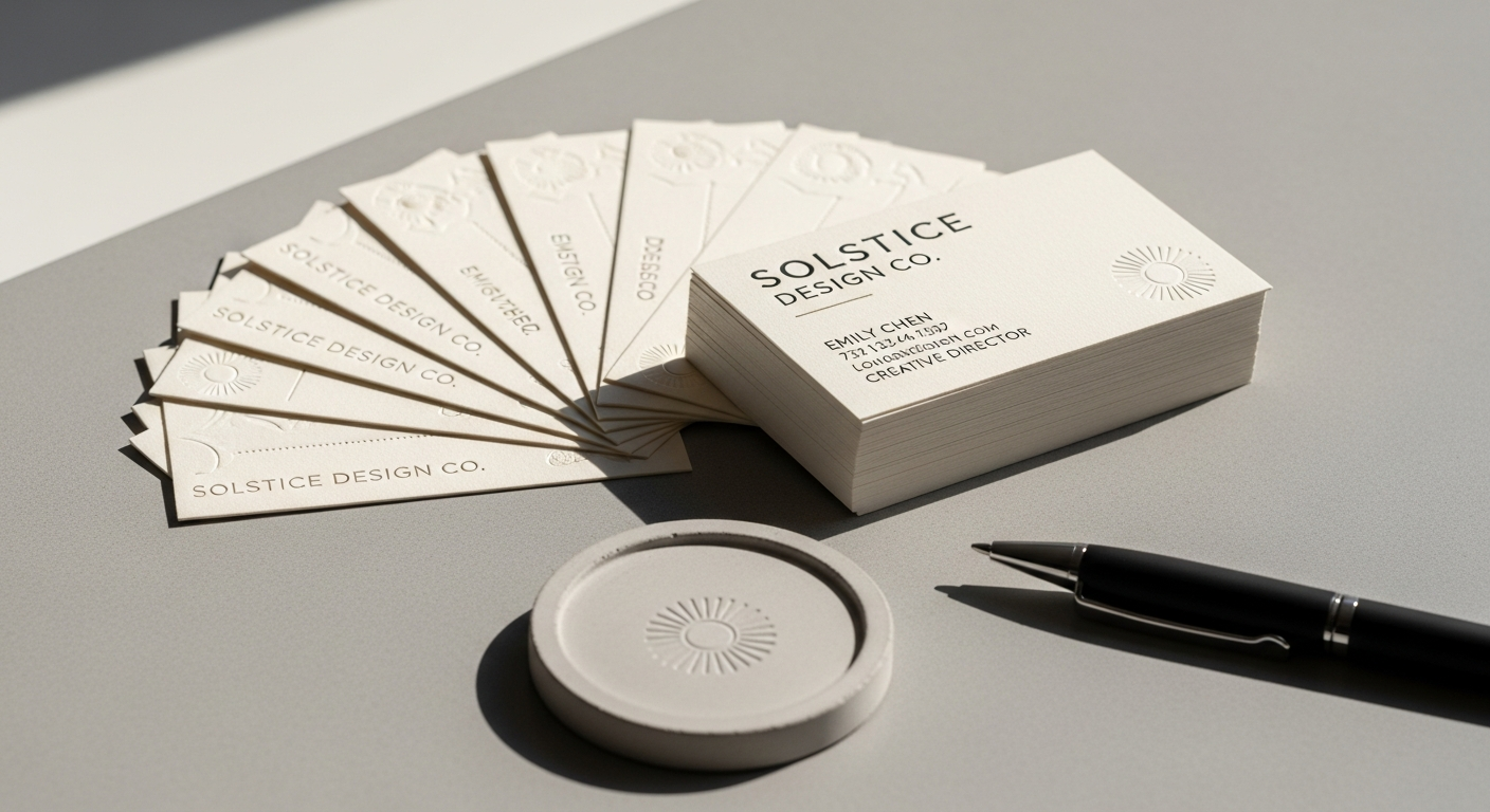 Premium silk business cards with spot UV finish displayed professionally