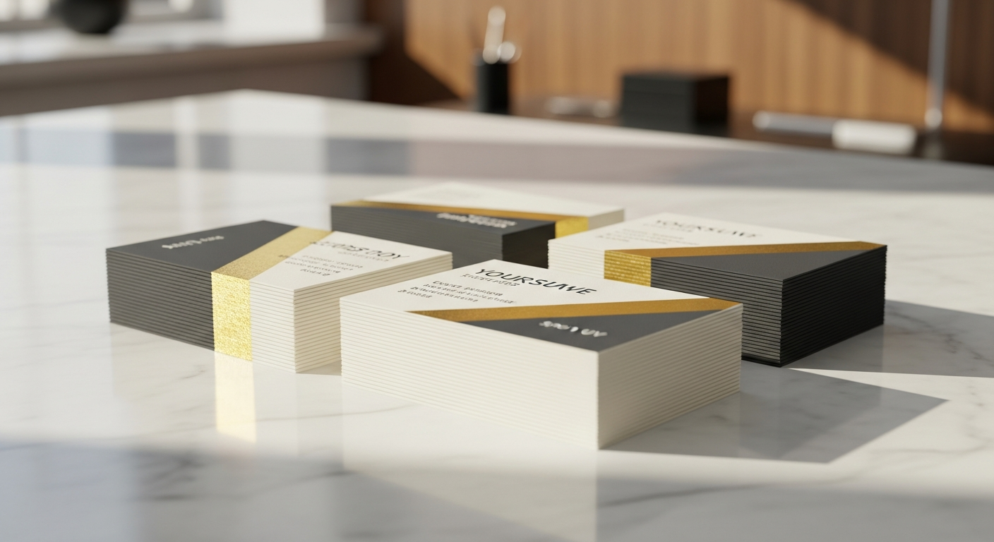 Premium business cards with Spot UV, foil finishes, and luxury silk stock materials