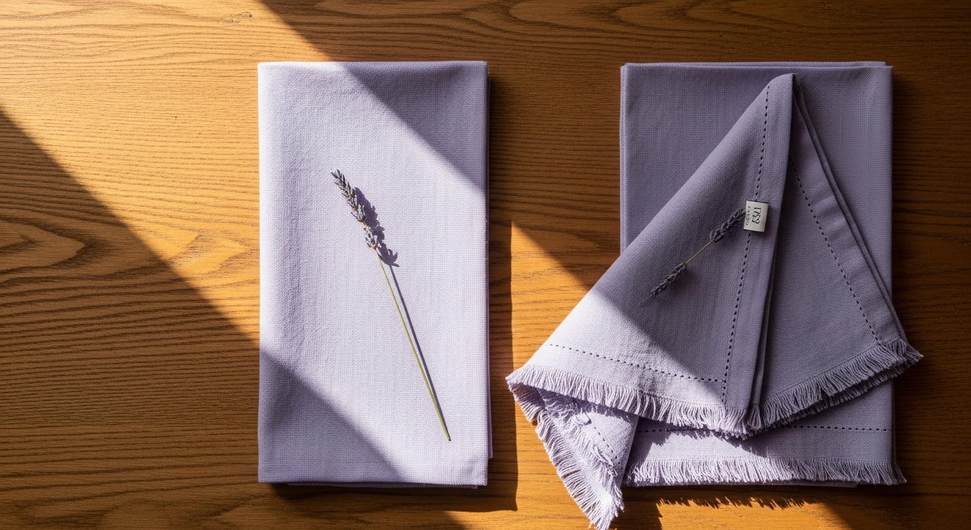 Lavender artisan-made napkins folded on elegant table setting