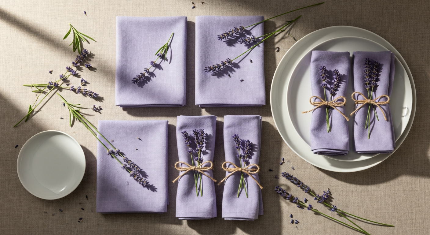 Hand-embroidered lavender cloth napkins with island-inspired design on table
