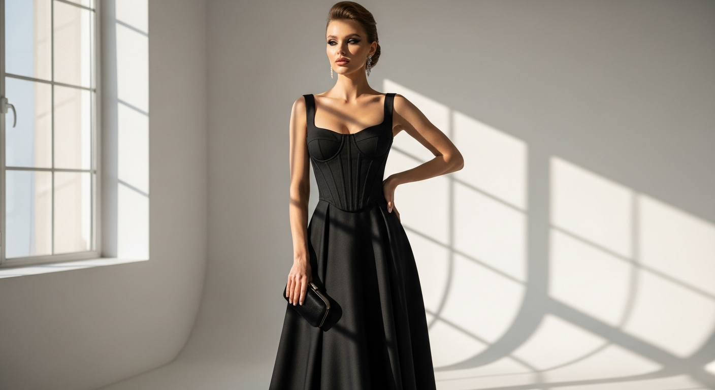 Elegant woman wearing a stunning teal corset A-line formal dress at an upscale event